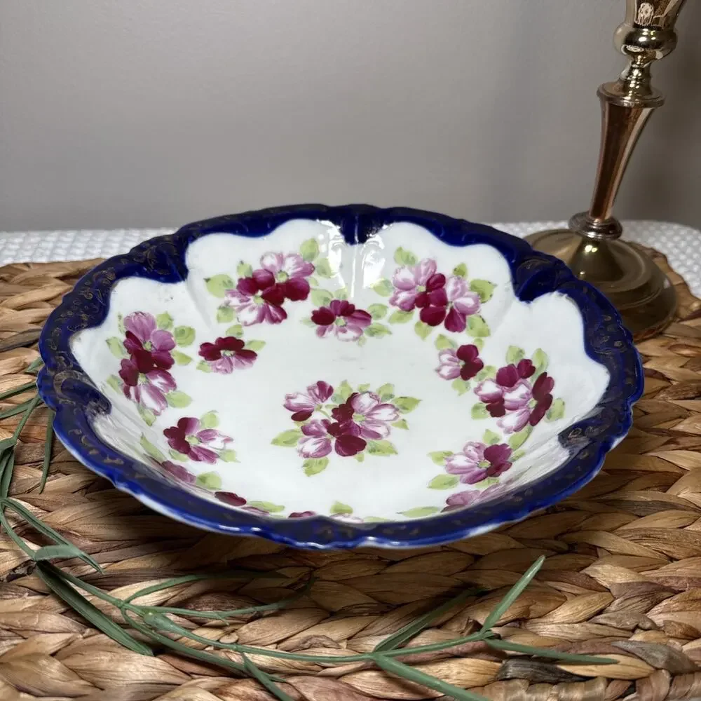 Vintage Japanese Porcelain Floral Serving Bowl Cobalt Blue Rim Scalloped MCM 9”